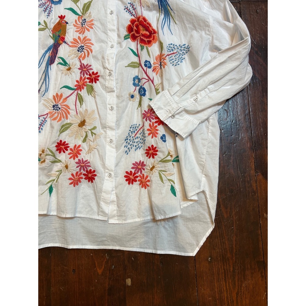 Johnny Was Workshop White Cotton Embroidered Floral Bird Blouse XL - Picture 4 of 10